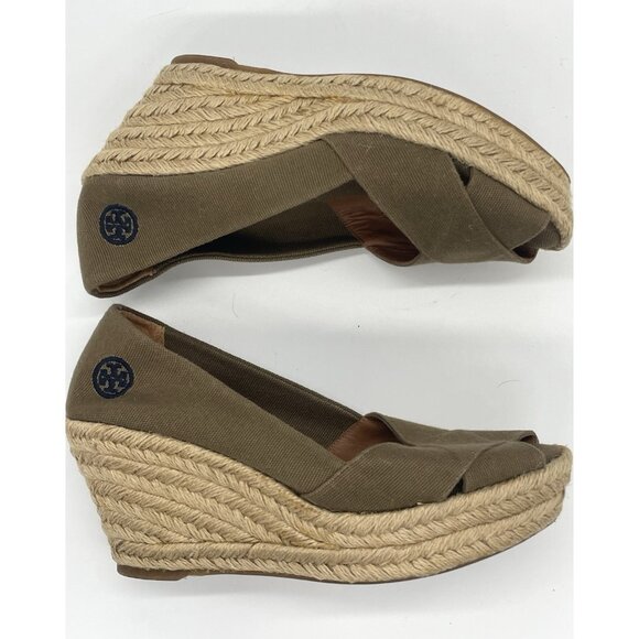 Tory Burch Woven Textile Peep Toe Wedges Sandals Rope Tan Brown Sz 7 B Casual - Picture 2 of 6